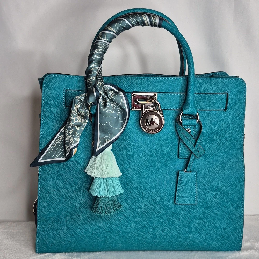 Michael Kors Hamilton Aqua/Turquoise Saffiano Satchel - Picture 5 of 17